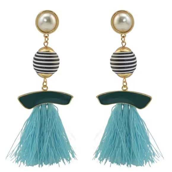 New ZARA Mod Geo Blue Fringe Earrings - Picture 2 of 9
